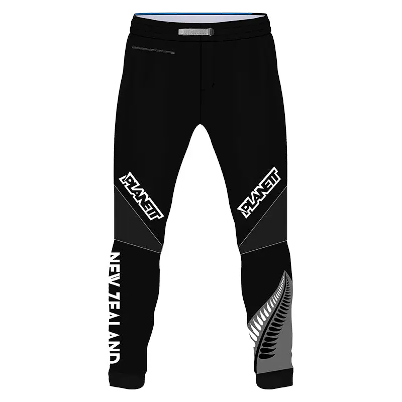 Black athletic pants with graphic designs.