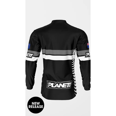 Black and white long-sleeved jersey.