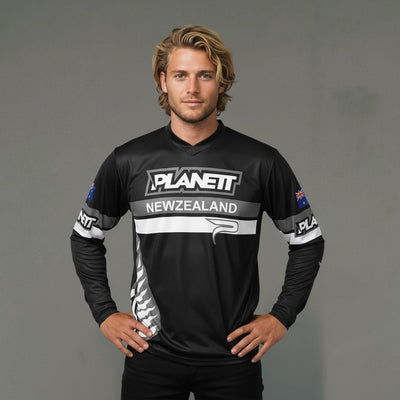 Black long-sleeved athletic jersey with gray and white accents