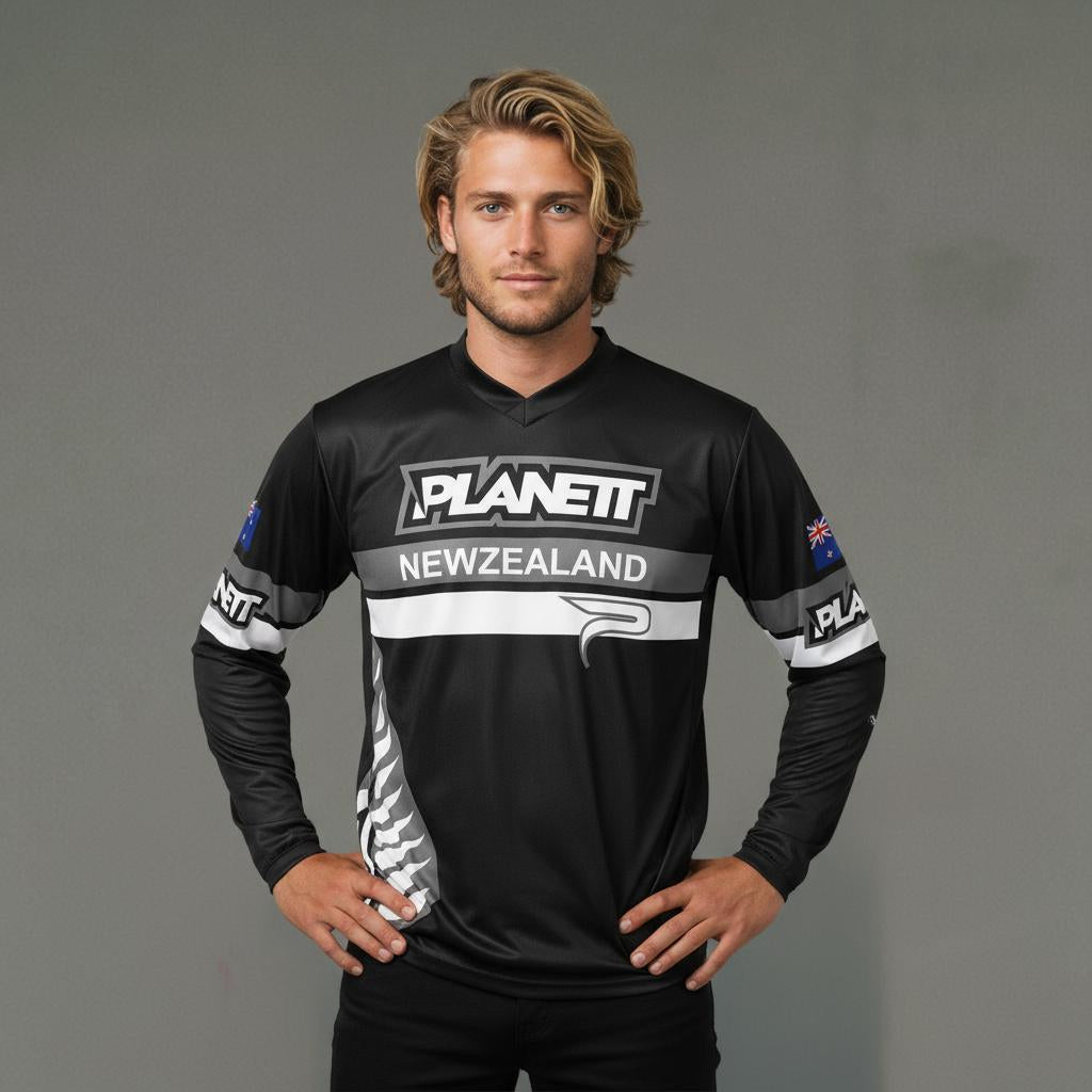 Black long-sleeved athletic jersey with gray and white accents
