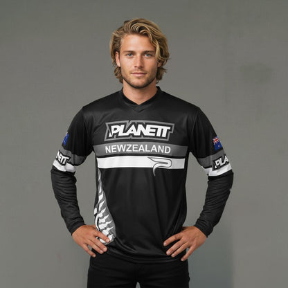 Black long-sleeved athletic jersey with gray and white accents
