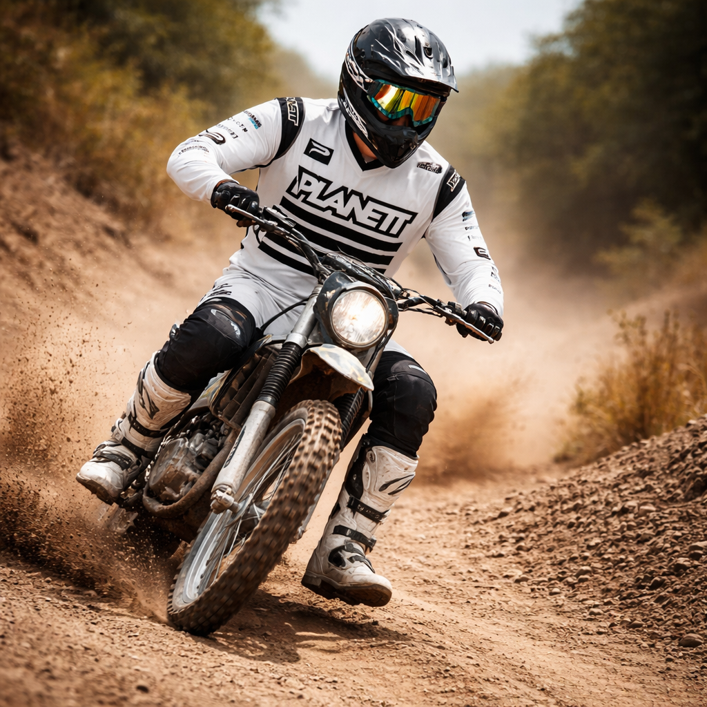 White and black planett motocross jersey with bold horizontal stripes.