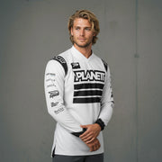 Men’s white long-sleeve athletic jersey with black accents.