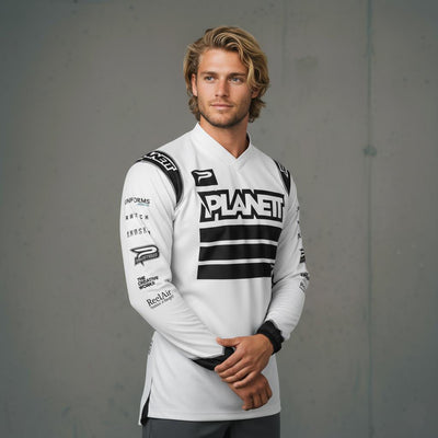 Men’s white long-sleeve athletic jersey with black accents.