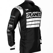 A black long-sleeved athletic or racing jersey with white accents and branding.