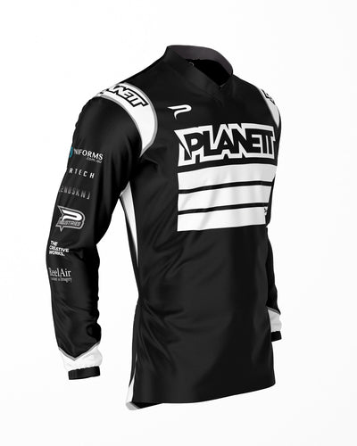 A black long-sleeved athletic or racing jersey with white accents and branding.