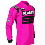 Hot pink long-sleeved athletic jersey with black accents.