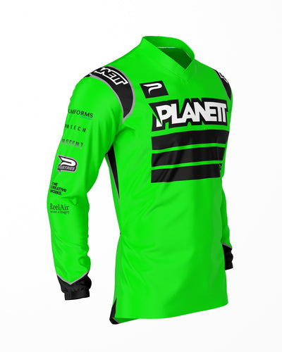 A vibrant green long-sleeve athletic jersey with black accents and various sponsor logos.