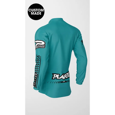 Teal long-sleeved jersey.