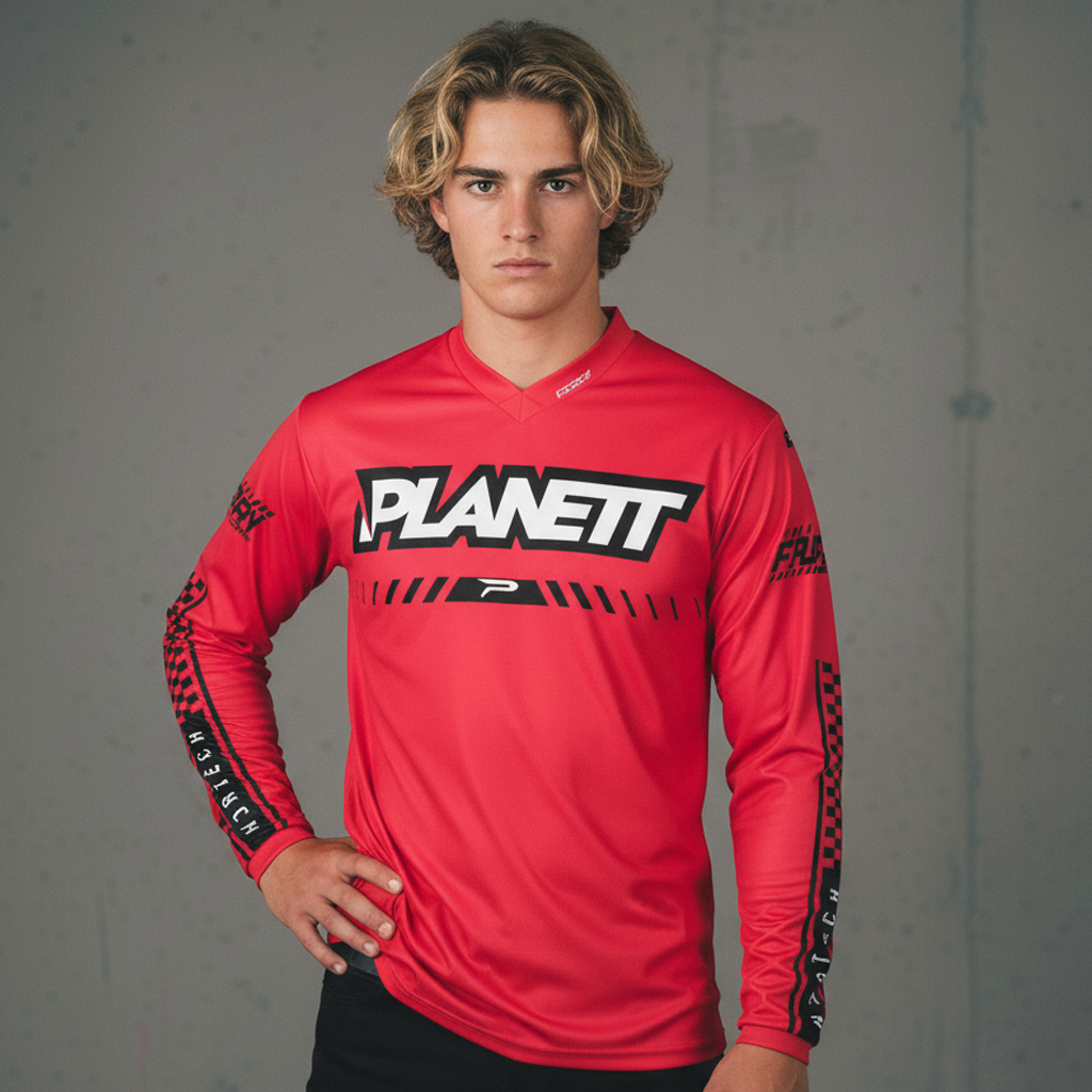 A young man wearing a red long-sleeved athletic shirt.