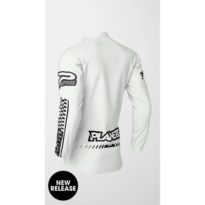 White long-sleeved racing jersey.