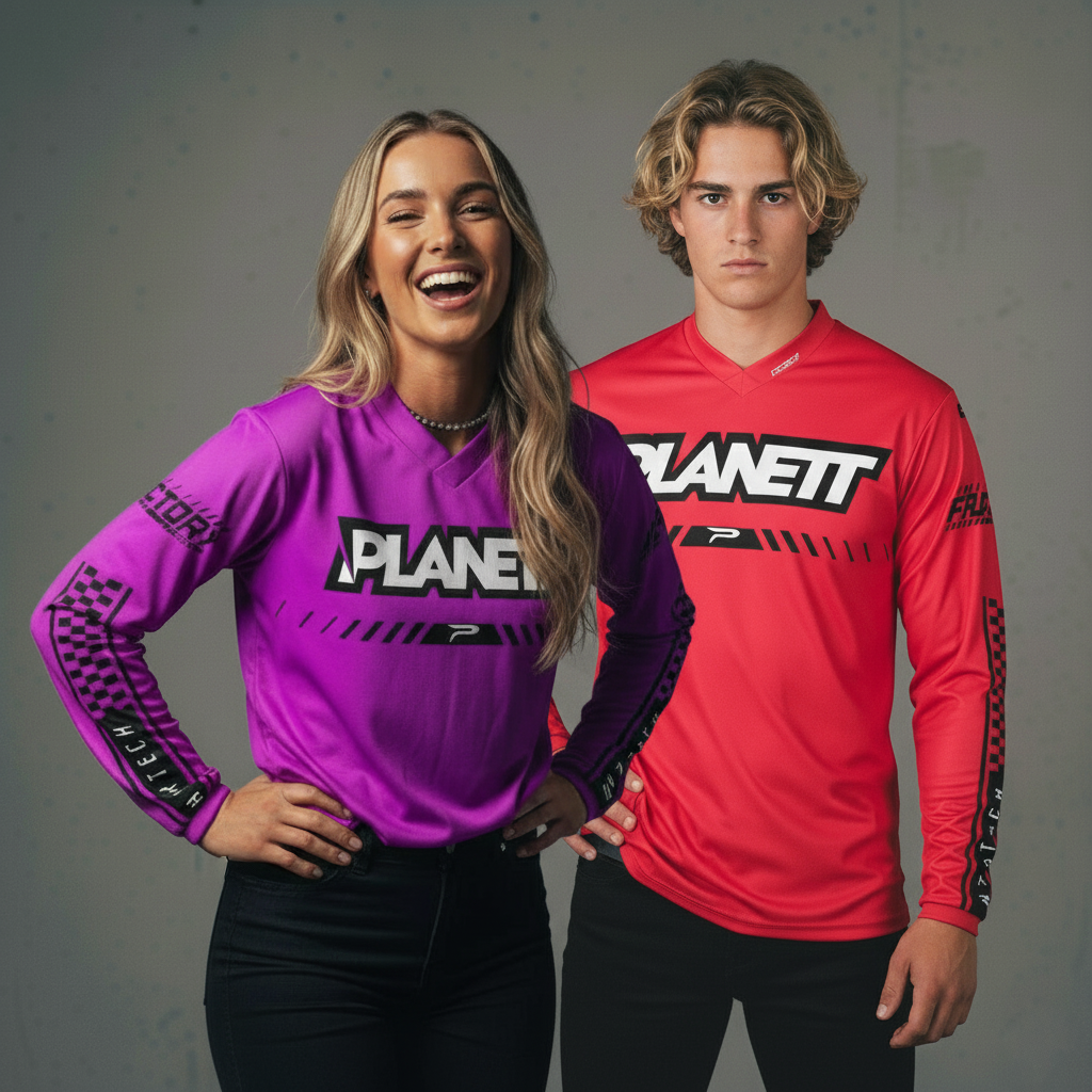 Two young adults modeling long-sleeved athletic shirts.