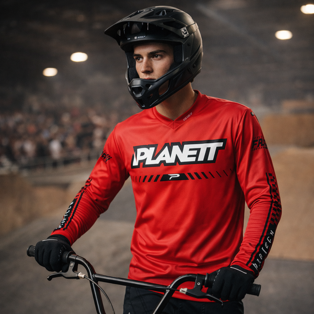 Red long-sleeved mountain bike jersey with black ’planett’ branding and matching sleeve graphics.
