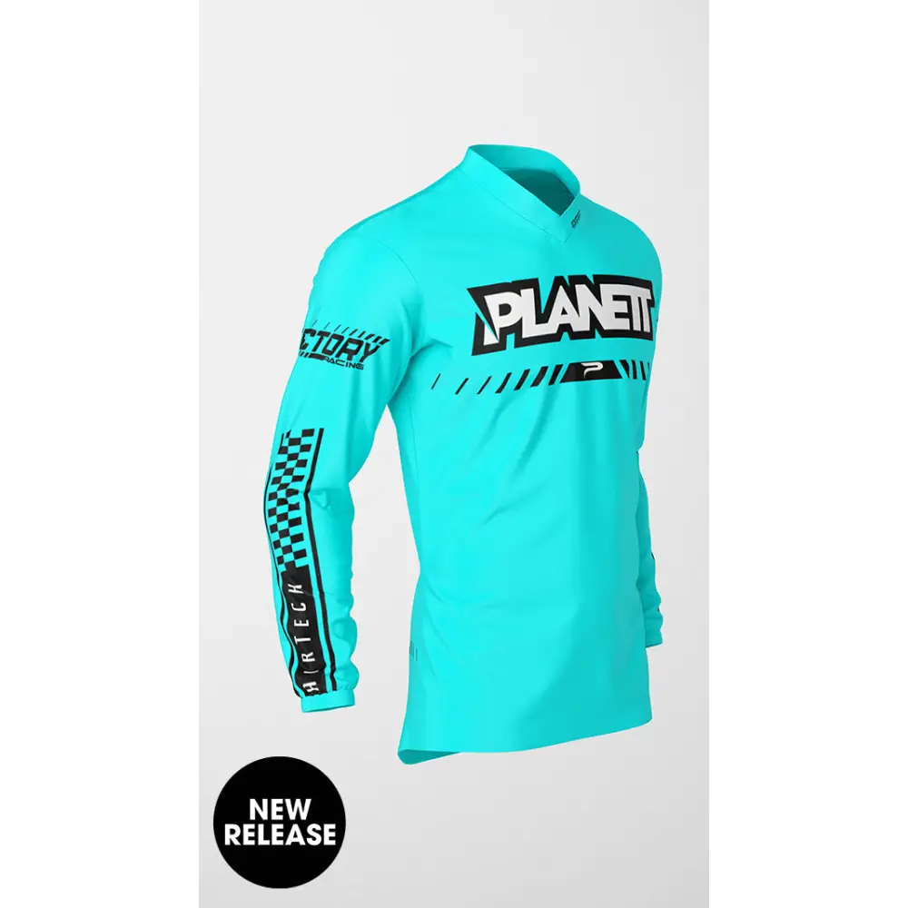 Turquoise long-sleeved motocross jersey.