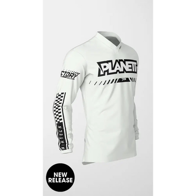White long-sleeved motocross jersey.