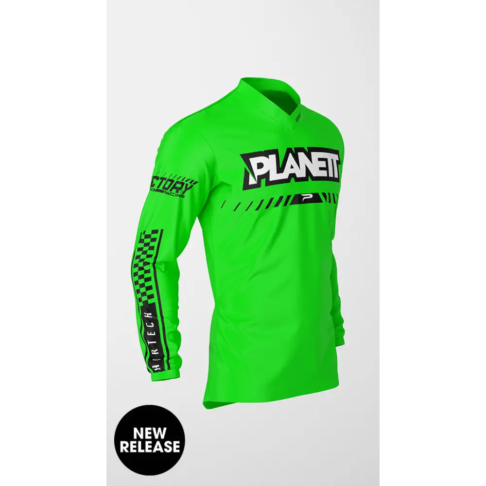 Green long-sleeved motocross jersey.