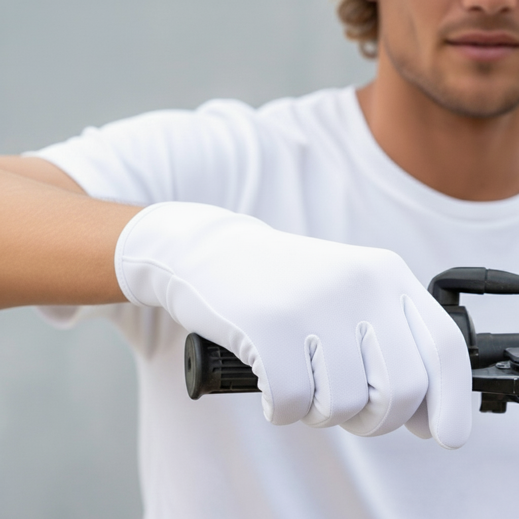 A person’s hand, covered in a white glove, gripping a black bicycle handlebar.