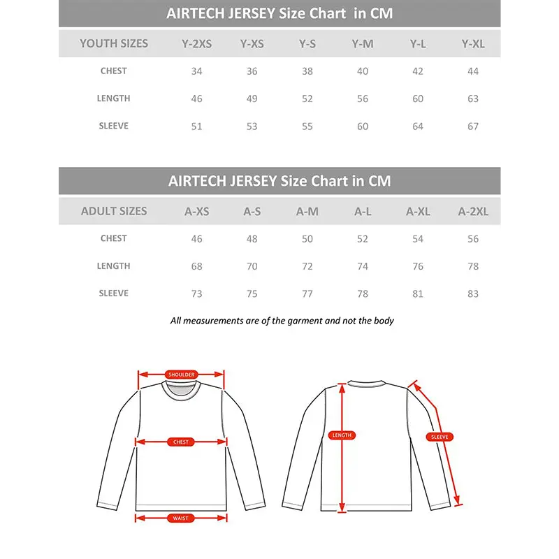 Jersey size chart in centimeters.