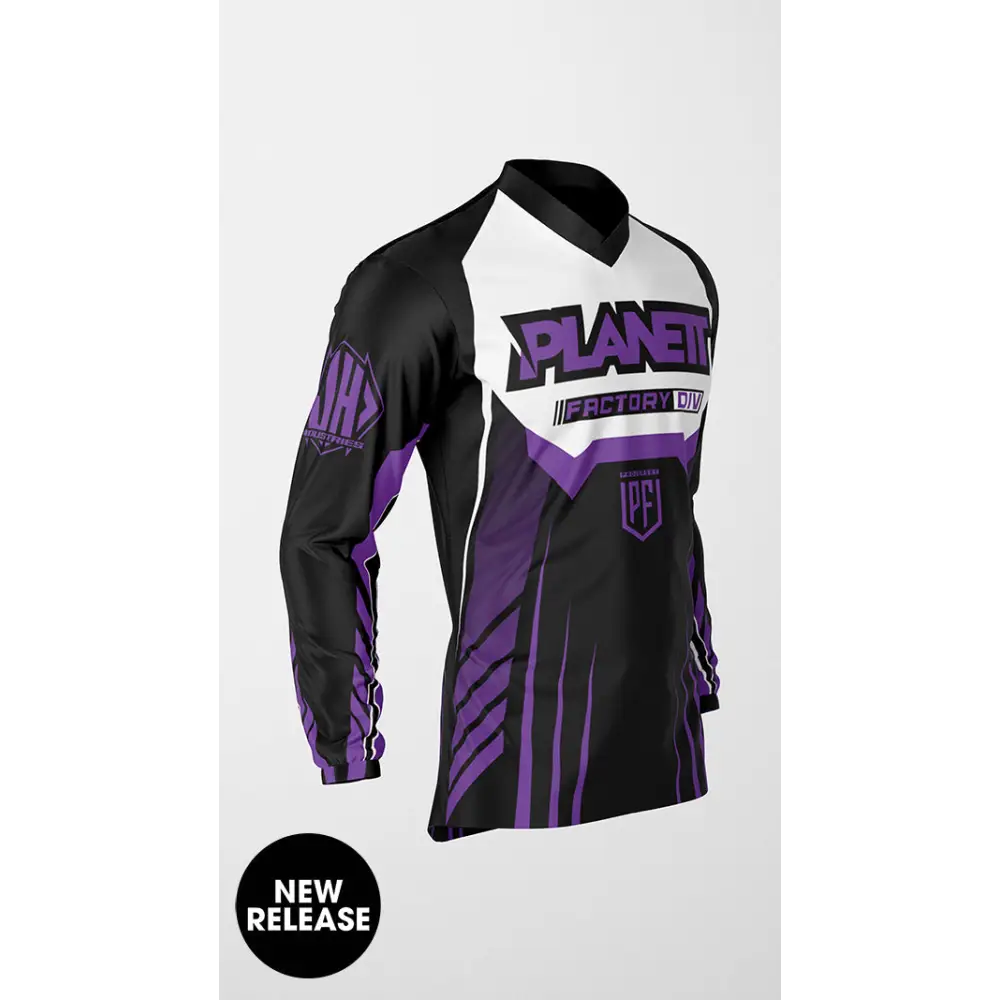 Black, white, and purple long-sleeved jersey.