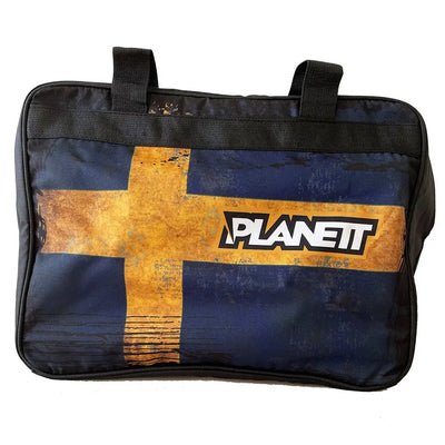 Black and blue bag with a yellow cross.