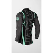 Black and gray jacket with mint green accents.
