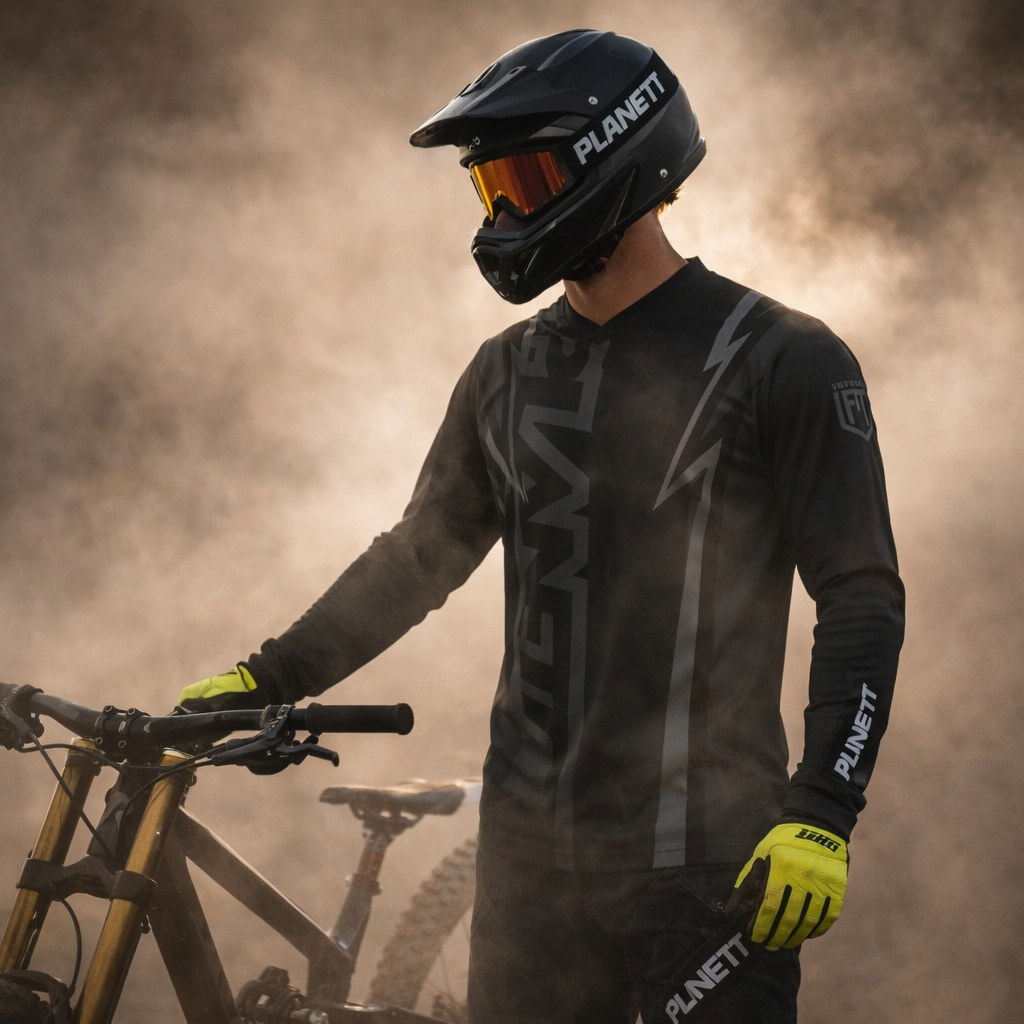 Black planett motocross helmet with orange-tinted visor.