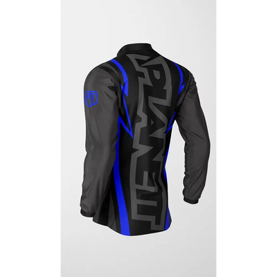 Black and blue cycling jacket.