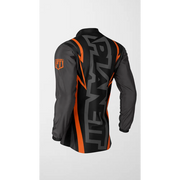 Black and gray jacket with orange accents.