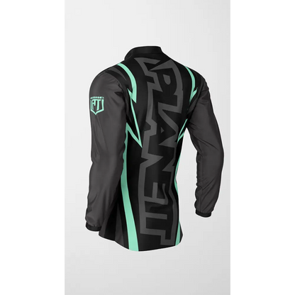 Black and gray jacket with mint green accents.