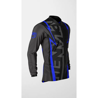 Long-sleeved black and gray jersey with blue accents.
