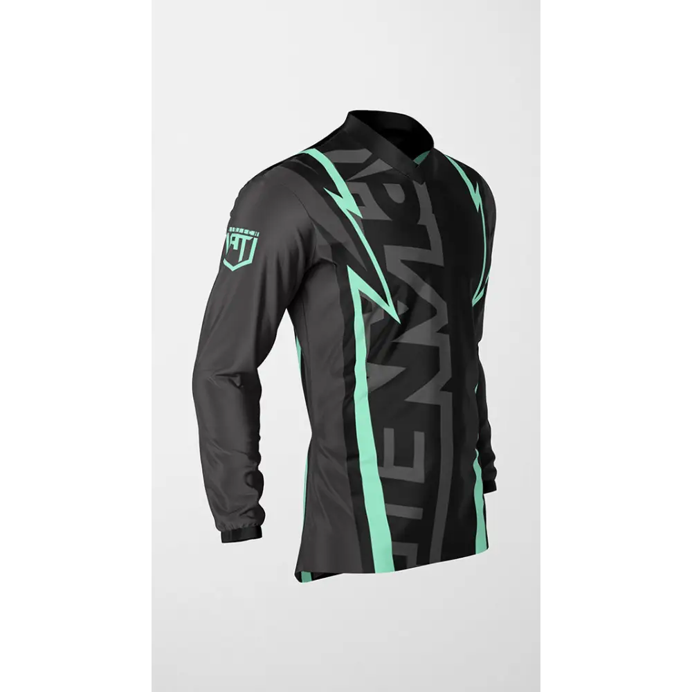 Gray and black long-sleeved shirt with mint green accents.