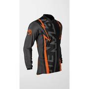 Gray and black long-sleeved shirt with orange accents.