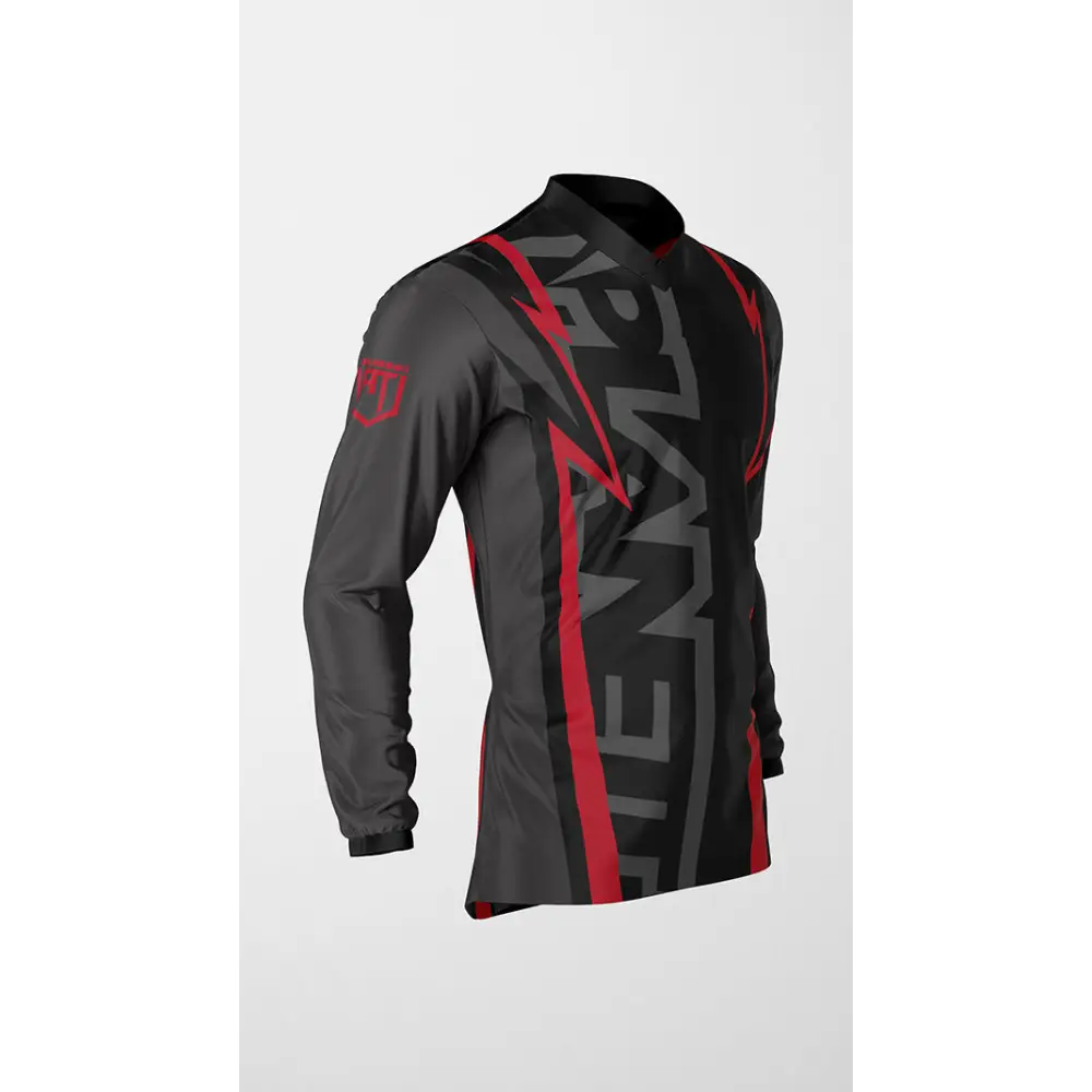 Gray and black long-sleeved shirt with red accents.