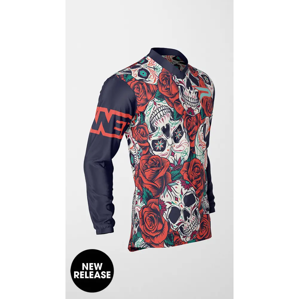 Skull and rose patterned long-sleeved shirt.