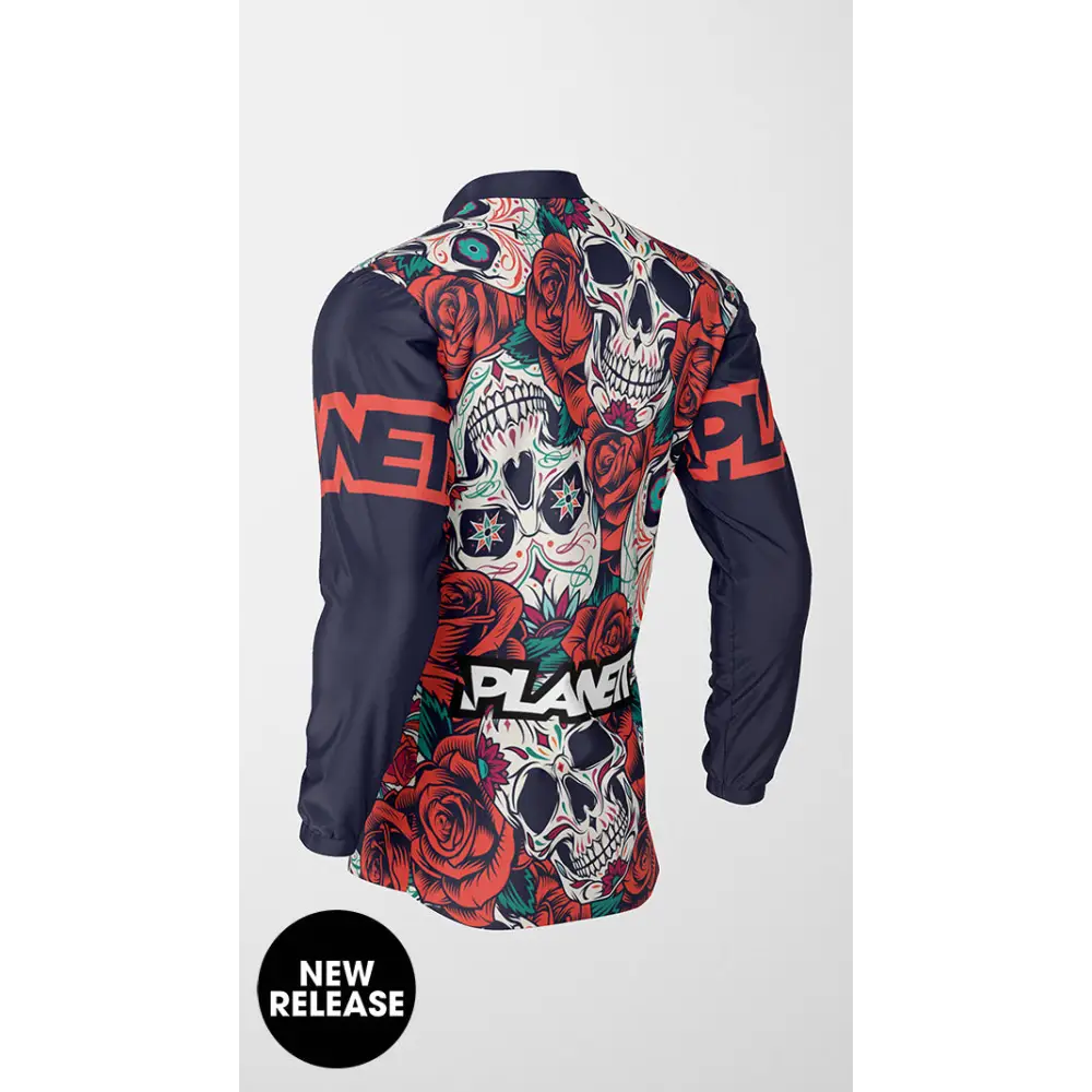 Skull and rose patterned long-sleeved shirt.