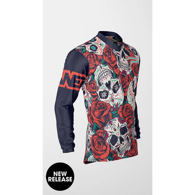 Skull and rose patterned long-sleeved shirt.