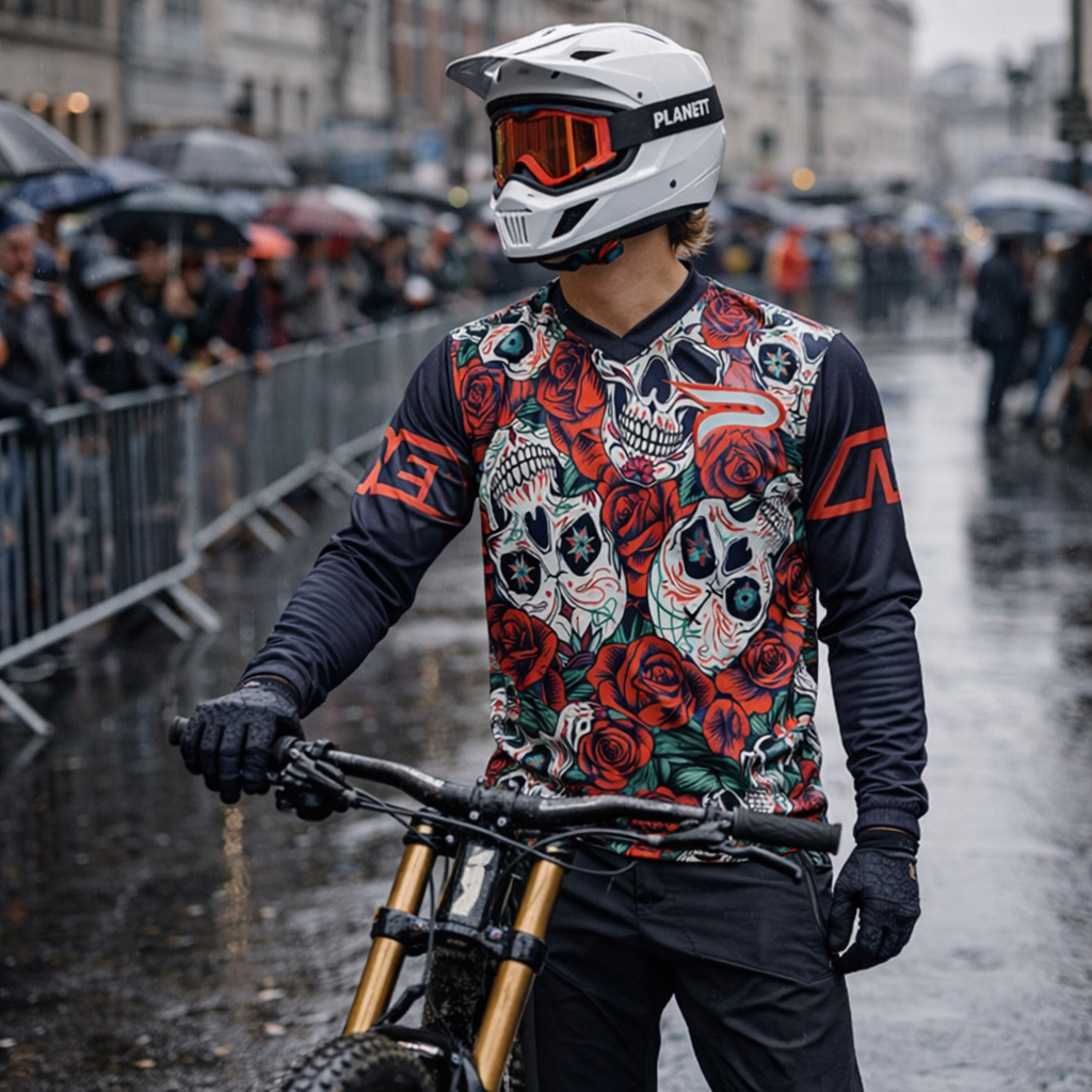 White planet helmet with orange goggles