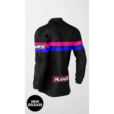 Black long-sleeved jacket with pink and blue stripes.