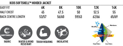 A sizing chart and features for a kids’ softshell hooded jacket.