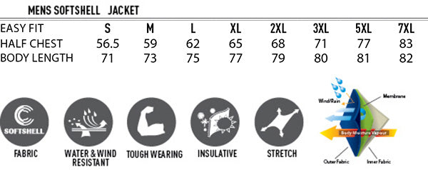 A size chart and features for a men’s softshell jacket.