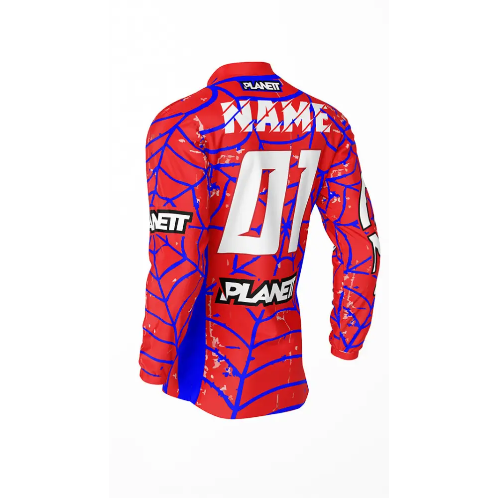 Red and blue spiderweb-patterned jersey.