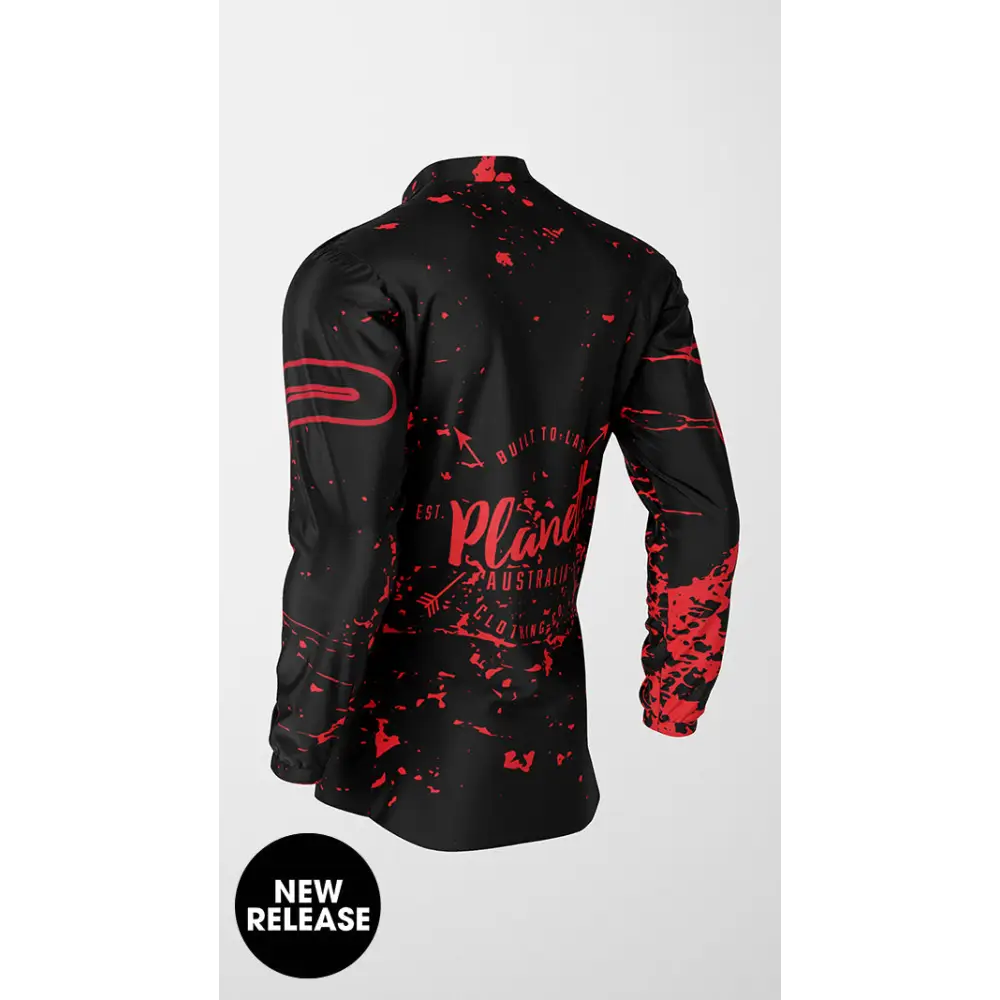 Black and red patterned long-sleeved shirt.