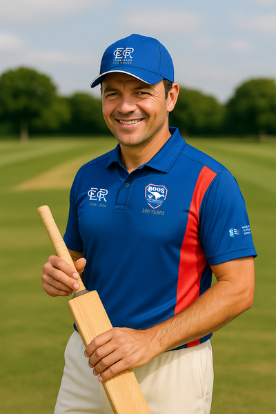 Blue cricket bat with white handle and red stripe, made of wood.