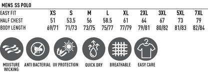 A men’s short-sleeve polo shirt size chart with fabric features.