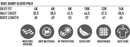 A size chart for kids’ short sleeve polo shirts with performance features.