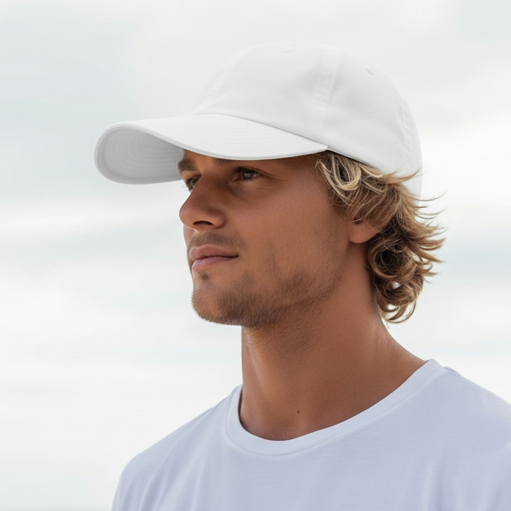 White baseball cap with curved brim and adjustable strap, made of cotton.