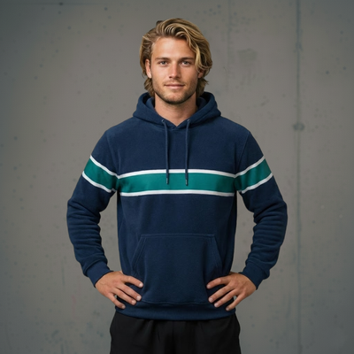 Navy blue hoodie with teal and white stripes, hooded sweatshirt material.
