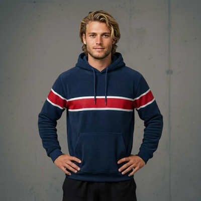 Navy blue hoodie with red and white stripes, hooded sweatshirt material.