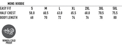 A size chart for a men’s hoodie, including half chest and body length measurements, and indicating it is wind and cold proof.