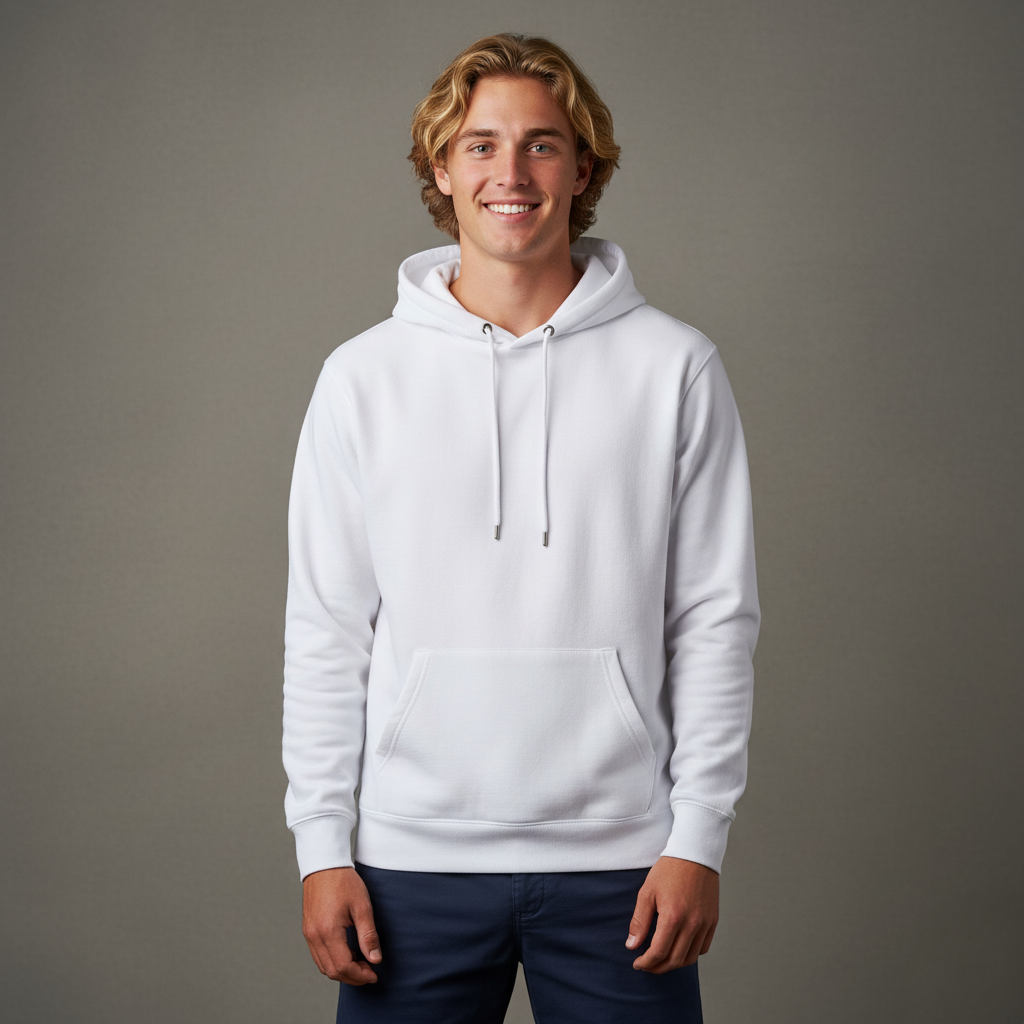 White hoodie with drawstring hood and front pouch pocket, made of fleece material.